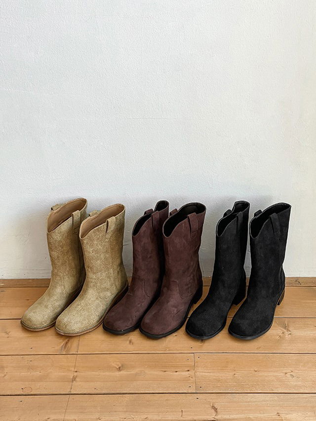 Oversized wide suede western half mid boots