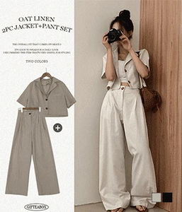 亞麻領短版外套 + 寬鬆鬆緊腰長褲兩件式套裝