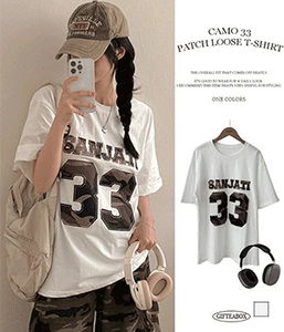 원티 카모 레터링 패치 루즈핏 반팔 티셔츠