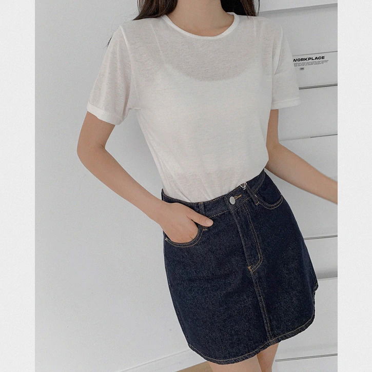 Sheer Linen Rappa Neck Round Short Sleeve T-shirt