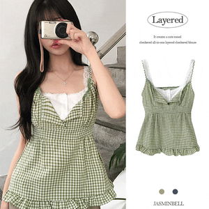Rosa Lace All-in-one Smoke Banding Frill Check Sleeveless Blouse Strap-adjustable Layered Cute Fit Date Look Daily Look Casual Summer Sleeveless/ Summer Sleeveless/ Summer Blouse / Vacation Look / Vacation Look