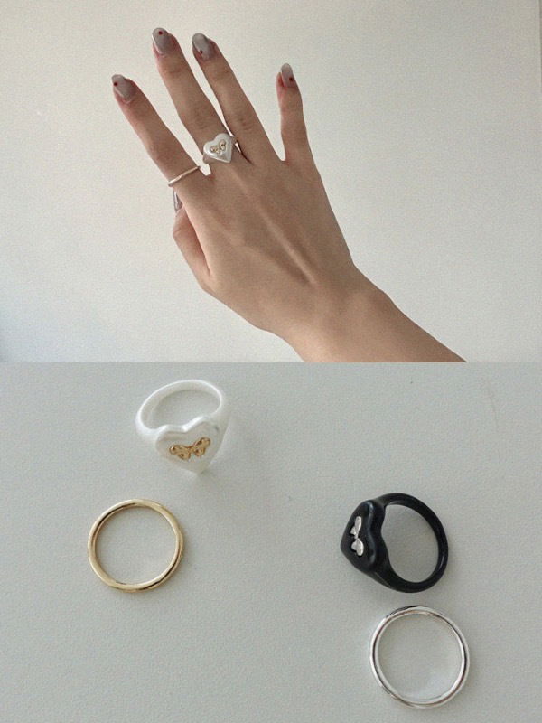 HEART RIBBON FORMICA RING SET (SILVER, GOLD 2COLORS)