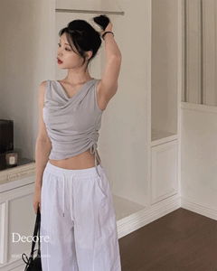 Decore One Shoulder Drape Shirring Side String Strap Basic Sleeveless Tee