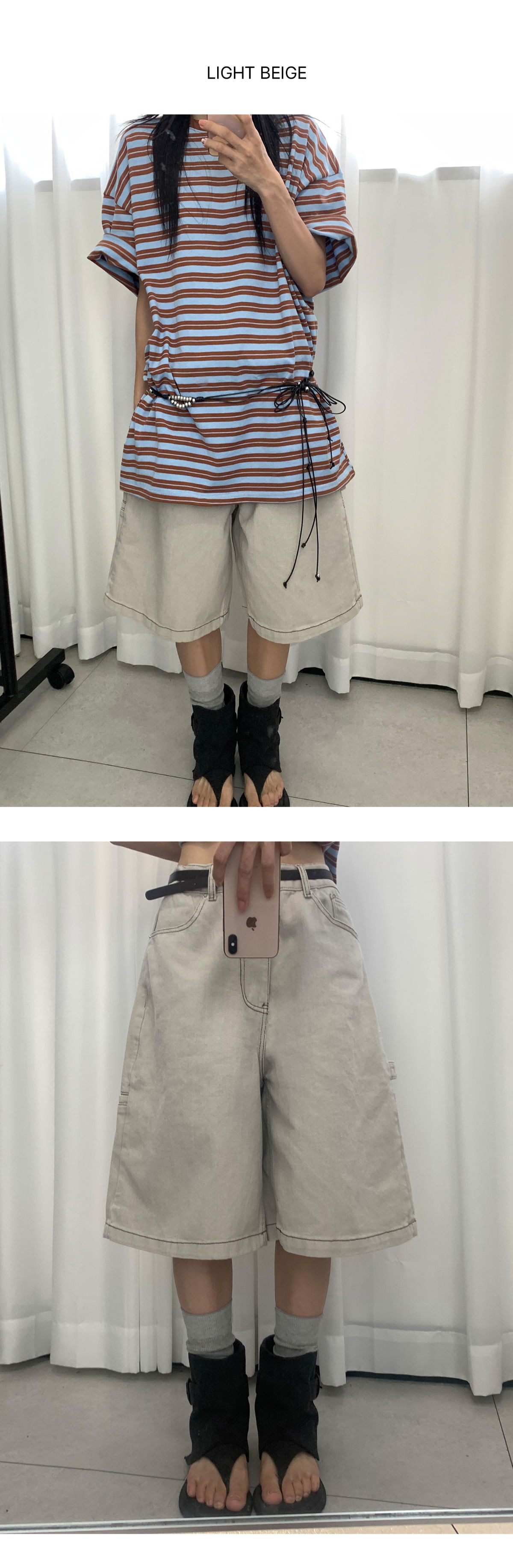 【SATIIIZ】Zephyr Patch Carpenter Bermuda Pants EEZEE - Vintage Carpenter Stitch Bermuda Pants PA040 - Codibook.