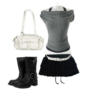 Style,Polkadot,cool,city,coolgirl,summer,black,gray,boots,skirt,white 코디