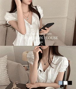 Days Ribbon Tie Puff Short Sleeve Blouse