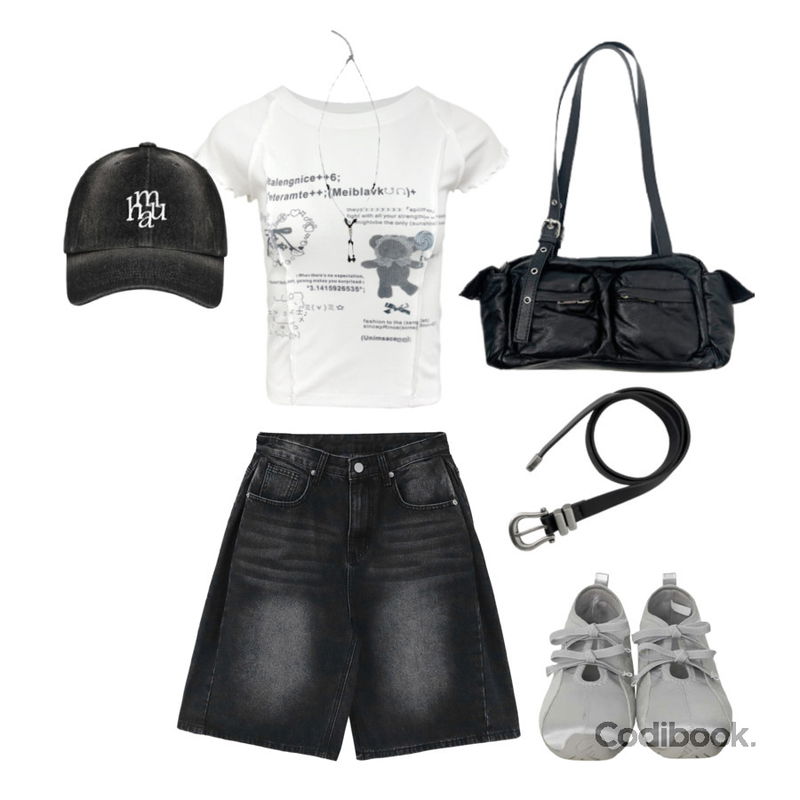 wonderwonder 젤티 빈티지 실버 버클 레더 벨트,muahmuah 로고 스티치 워시드데님 볼캡,binary01 루베니 새틴 리본 슈즈등을 매치한 코디