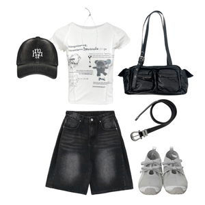 Style,Shortpants,cap,cool,summer,denim,shirt,black,monochrome,coolgirl,silver 코디