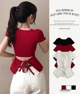 Jia Back Ribbon Square Neck Short Sleeve Knitwear