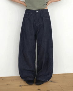 Dad Side Pin Tuck Snap Button Wide Long Denim Pants