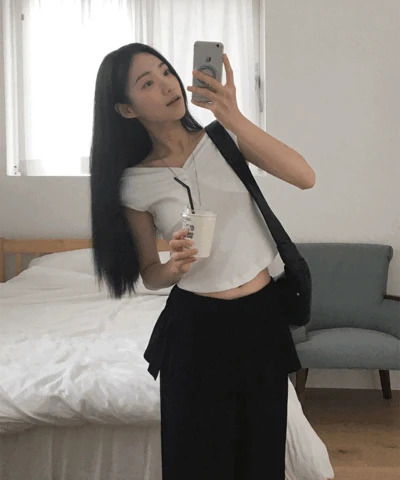 라인드 셔링 탑 (크롭, 슬림핏, 원숄더, 언발오프숄더)