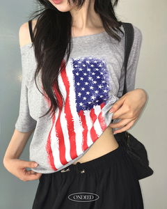 New and Stars and Stripes Overfit One Off Shoulder Short Sleeve T-Shirt