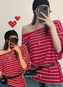 Retro, patterned look striped overfit one-shoulder short-sleeved T-shirt 2 colors