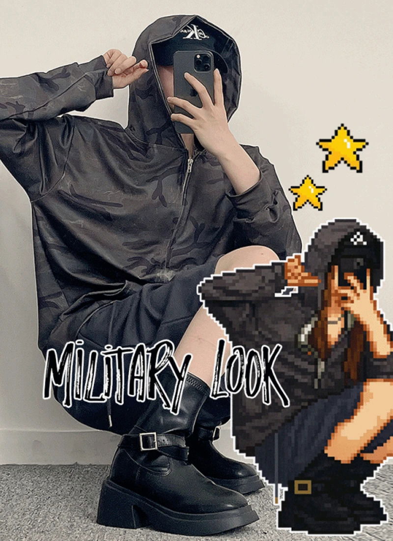 復古軍風Y2K街頭寬鬆連帽外套