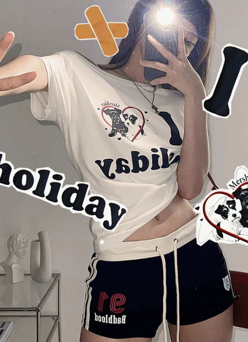 Y2K風格愛心小狗不對稱斜肩修身印花復古短袖T恤