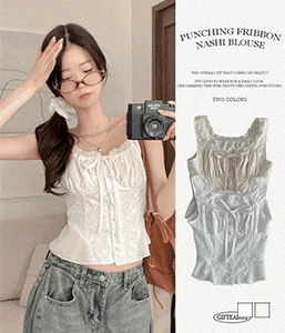 펀칭 플라워 콩단추 리본 나시 블라우스