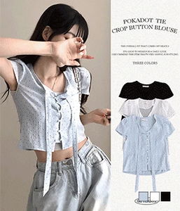 Kuank Dot Bean Button Tie Short Sleeve Blouse