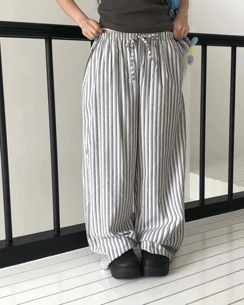 wonderwonder - Satin Linen Stripe Wide Banding Long Pants