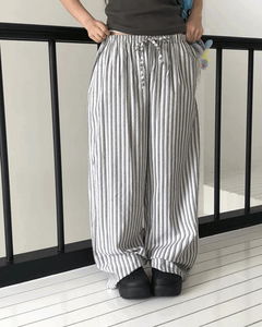 Satin Linen Stripe Wide Banding Long Pants