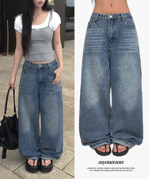 리암 워싱 데님 롱 와이드 팬츠