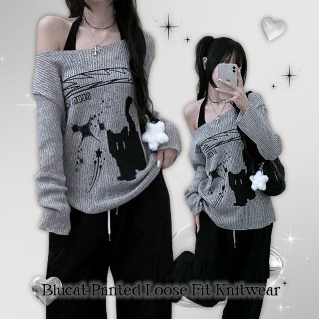 Black Cat Printing Net Knitwear Long Sleeve