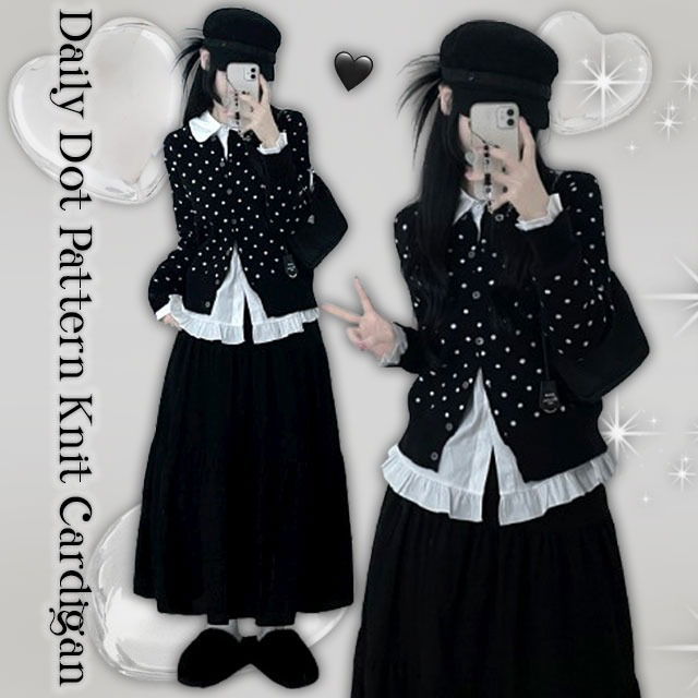 Dot Round Semi-Crop Knitwear Cardigan