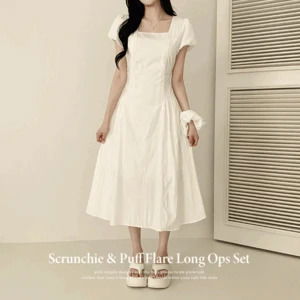 Belted Scrunchie + Puff Square Neck Flare Short Sleeve Long Dress Set