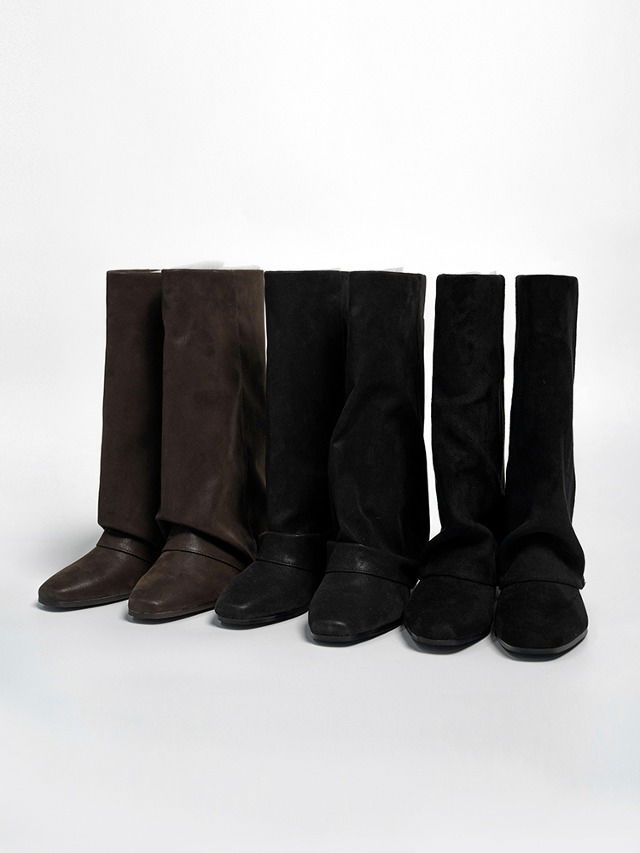 Lower square folded crinkled long boots 靴子
