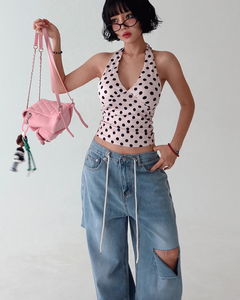 綁帶設計牛仔破洞寬褲