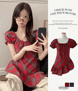 Redberry Check Puff Diagonal Layered Dress Blouse