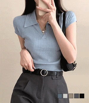 모던 브이 카라 골지 반팔 니트