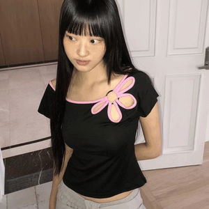 ムキフラワースリットボートネック配色半袖Tシャツ