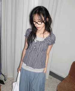 Huelco Check Crop Fit Cotton Round Neck Blouse