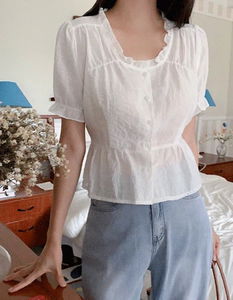 Shirring band back ribbon short sleeve blouse
