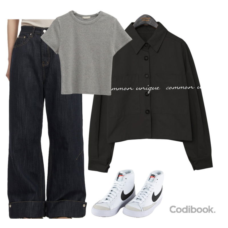 common unique 멜팅 코튼 빅 포켓 카라 크롭 자켓 (봄/간절기/가을/루즈핏/여리핏/셔츠/면셔츠/숏 아우터/캐주얼),DAILYJOU 빈르 골지 반팔 티셔츠등을 매치한 코디
