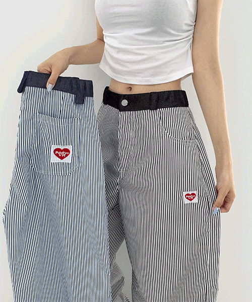 스트라이프 하트 자수 패치 아방 와이드핏 팬츠