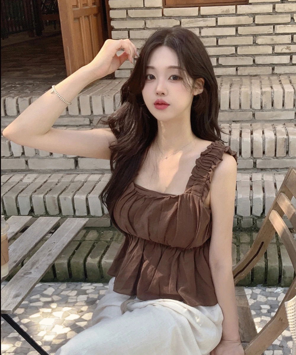 스퀘어넥 셔링 프릴 크롭 나시 블라우스 민소매 슬리브리스 뷔스티에 밴딩 플레어 여름 썸머
