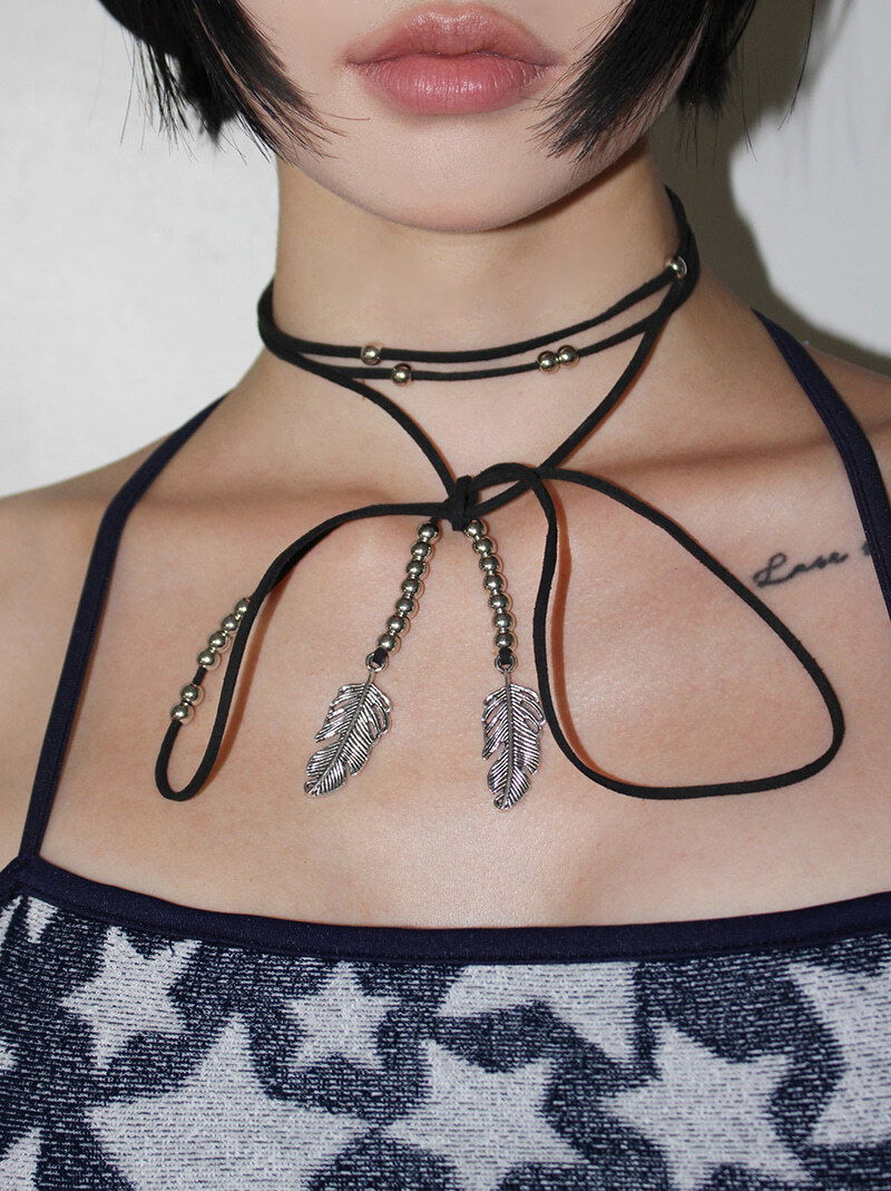 (2-WAY) LEAF STRAP NECKLACE & BELT (black)