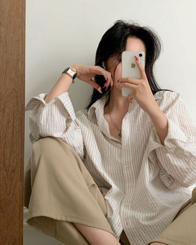 허니 오버핏 스트라이프 셔츠