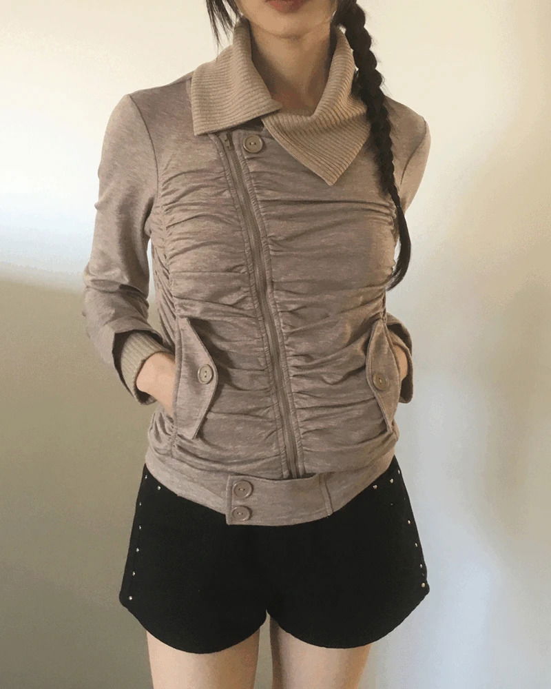 Tokin Ribbed High Neck Shirring Diagonal Zipper Zip-Up