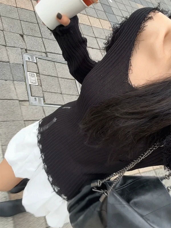 카린 데미지 골지 브이넥니트 (3color)