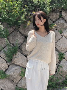 ダントVネックルーズフィットリネンメッシュ長袖ニット