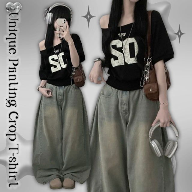 02 Lettering Printing Off-Shoulder Crop Short Sleeve Sweatshirt T-Shirt