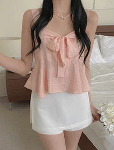 蝴蝶結方領褶襬無袖上衣