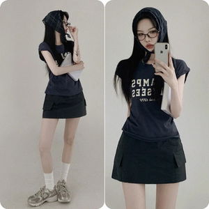 3ps cap sleeve short sleeve + string pocket skirt set 2 colors