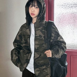 Camo high neck overfit long sleeve hooded thin windbreaker