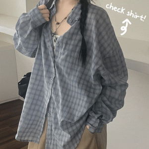 Sky check collar neck summer mid season long sleeve shirt Shirt