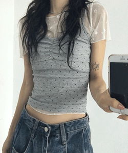 Satina Dot Shirring Crop Fit Sleeveless