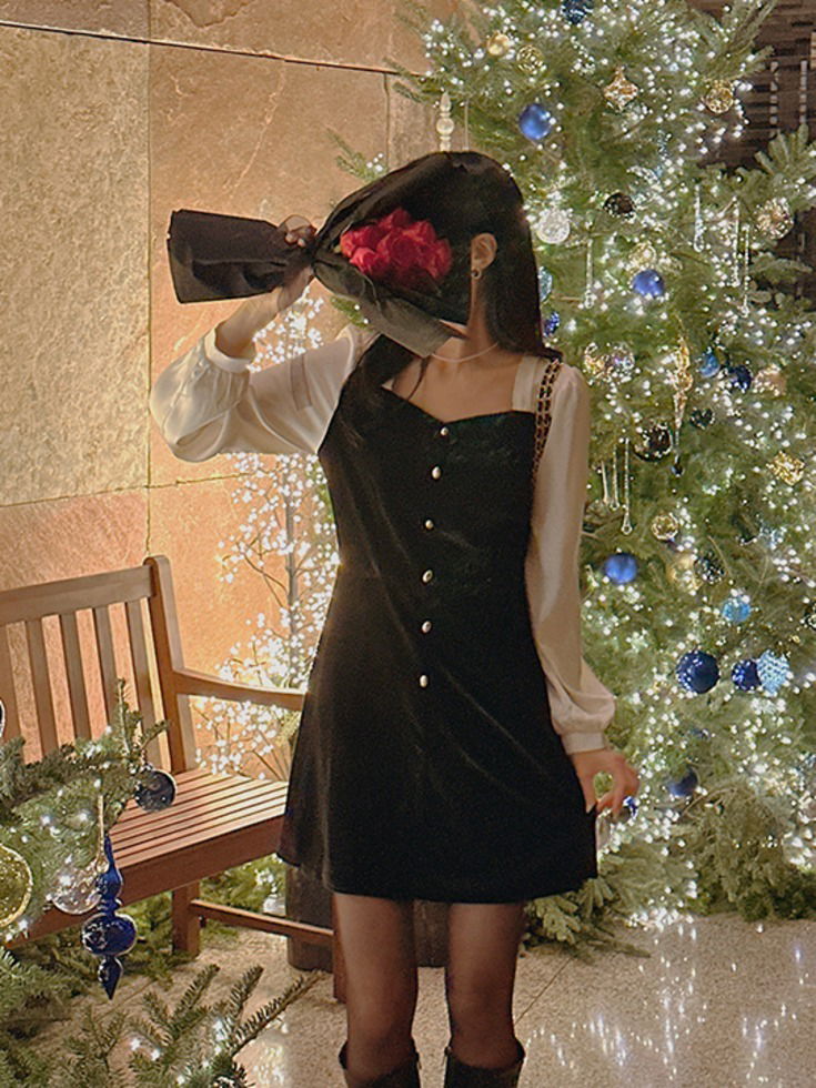 DLZ velvet satin color combination heart neck mini Dress