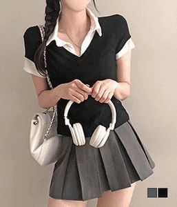 Preppy Collar Color Block Layered Shirt Set